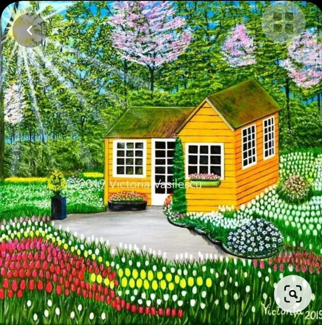 Colorful painting of a yellow house with white window frames, surrounded by vibrant flower gardens and a lush green forest with trees in full bloom in the background.
