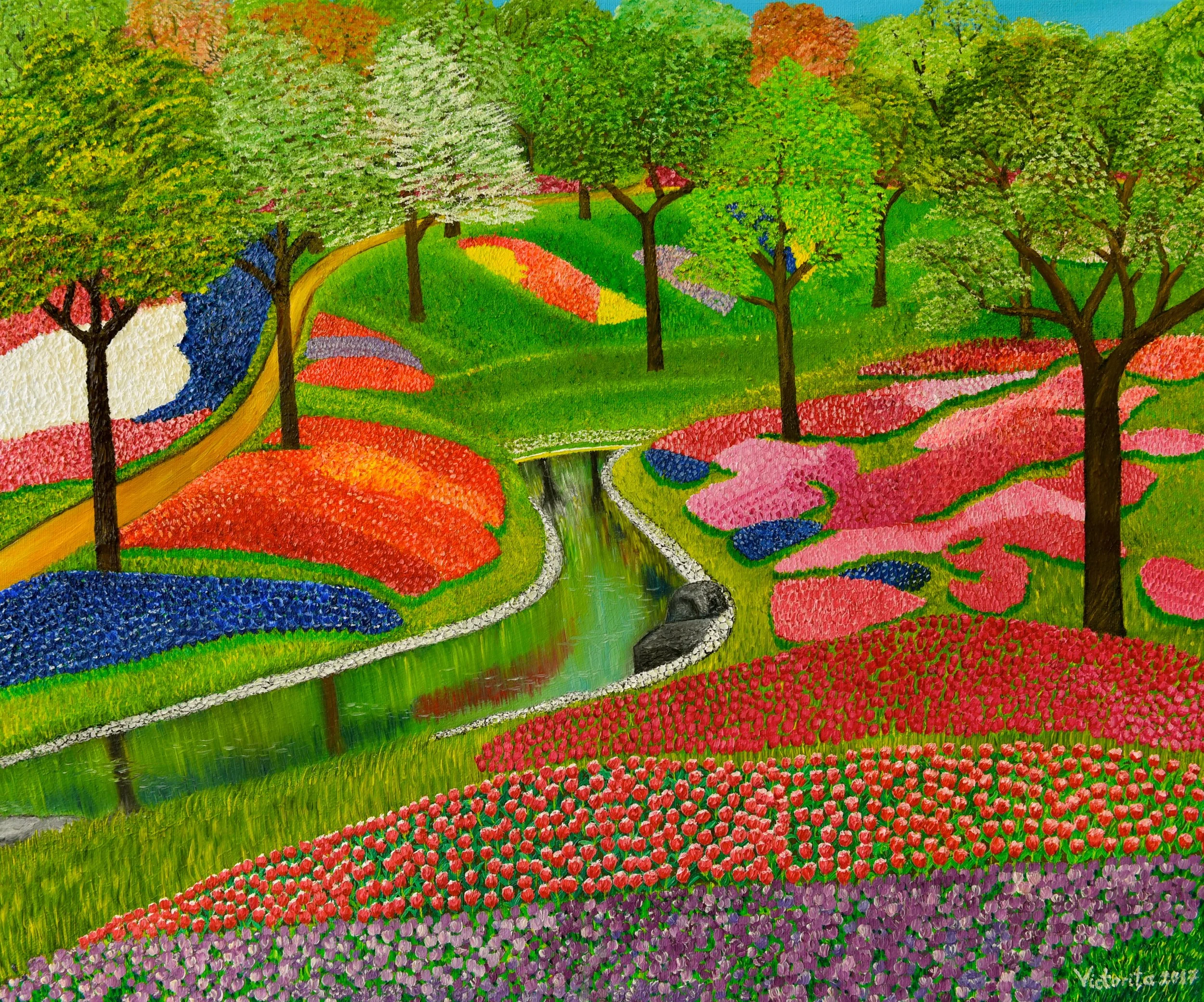 Colorful landscape painting of a park with trees, a winding path, and vibrant flower beds in pink, red, purple, yellow, white, and blue.