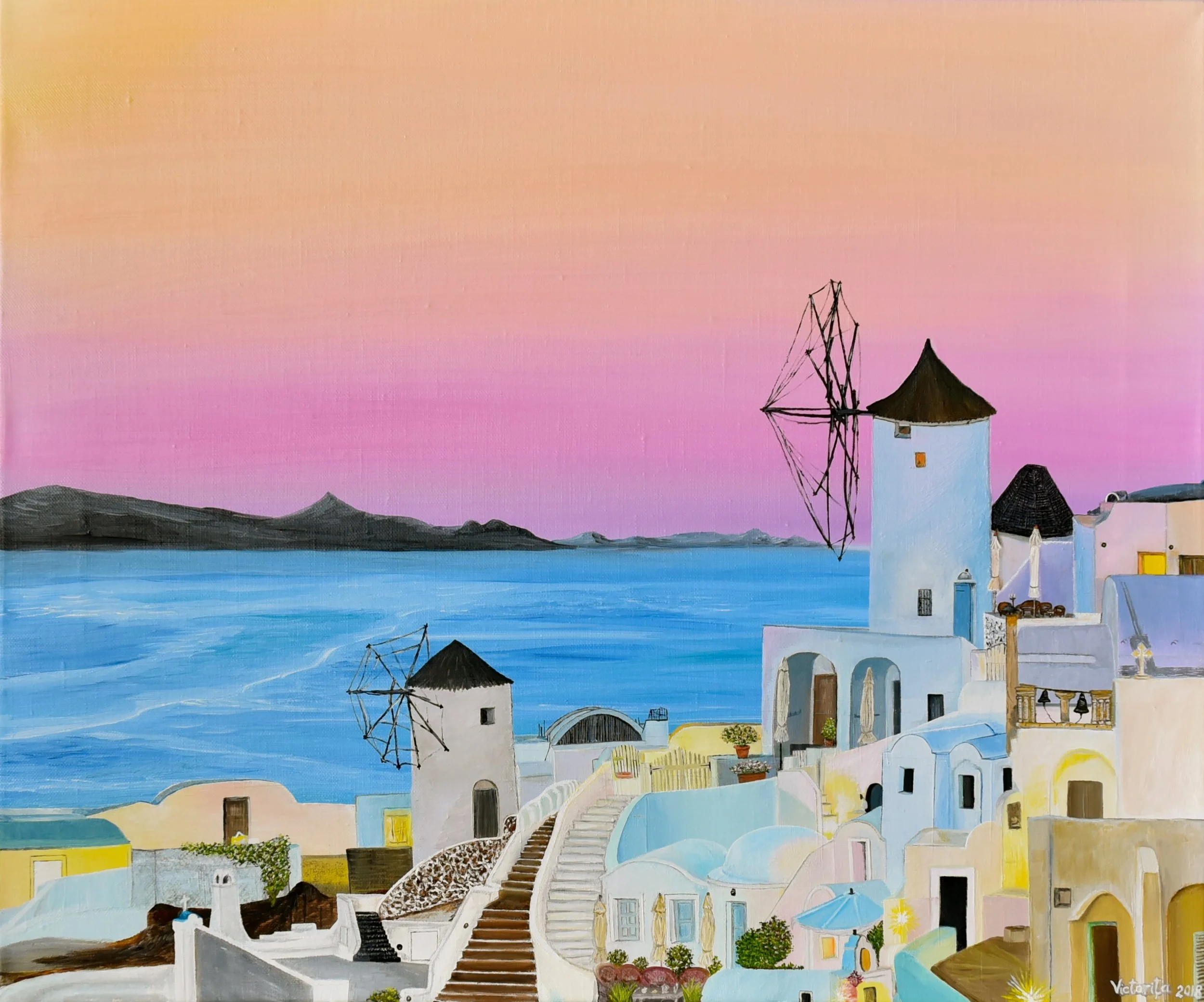 A colorful painting of Oia with white buildings, stairs, plants, and windmills against a pink and orange sky.