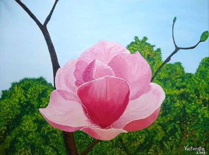 Painting of a pink magnolia flower on a tree with green foliage and a light blue sky in the background.