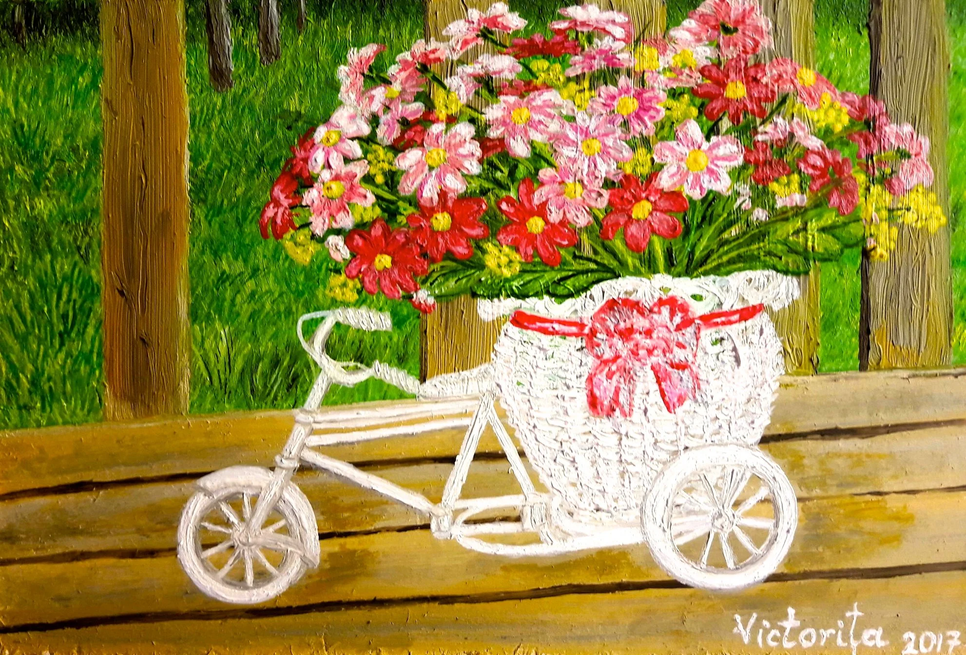 Painting of a large bouquet of pink, red, and yellow flowers in a white vase on a white bicycle. The bicycle is on a wooden surface with green trees in the background.