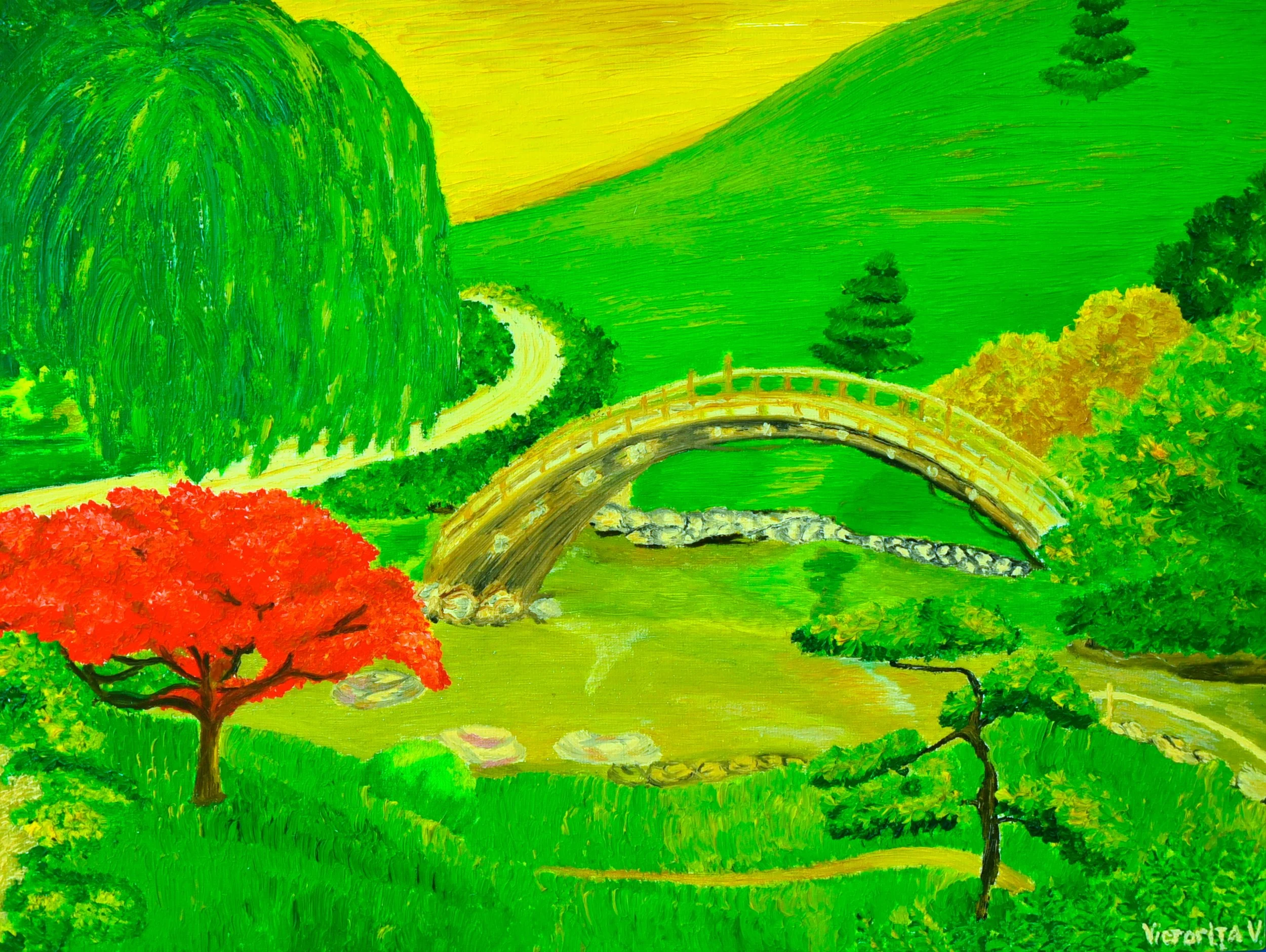 A colorful artistic landscape painting depicting green hills, a bridge over a river, various trees, and a yellow sky in the background.