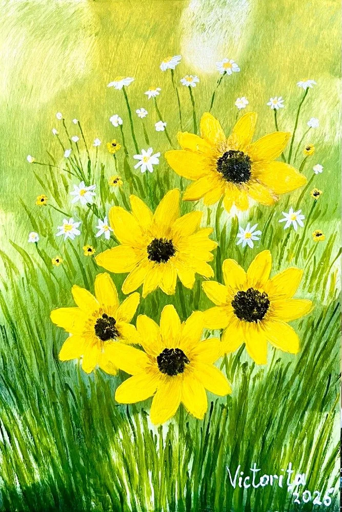 Painting of a field with large yellow flowers and smaller white daisies, green grass, and a light green background, signed by Victorita 2025.