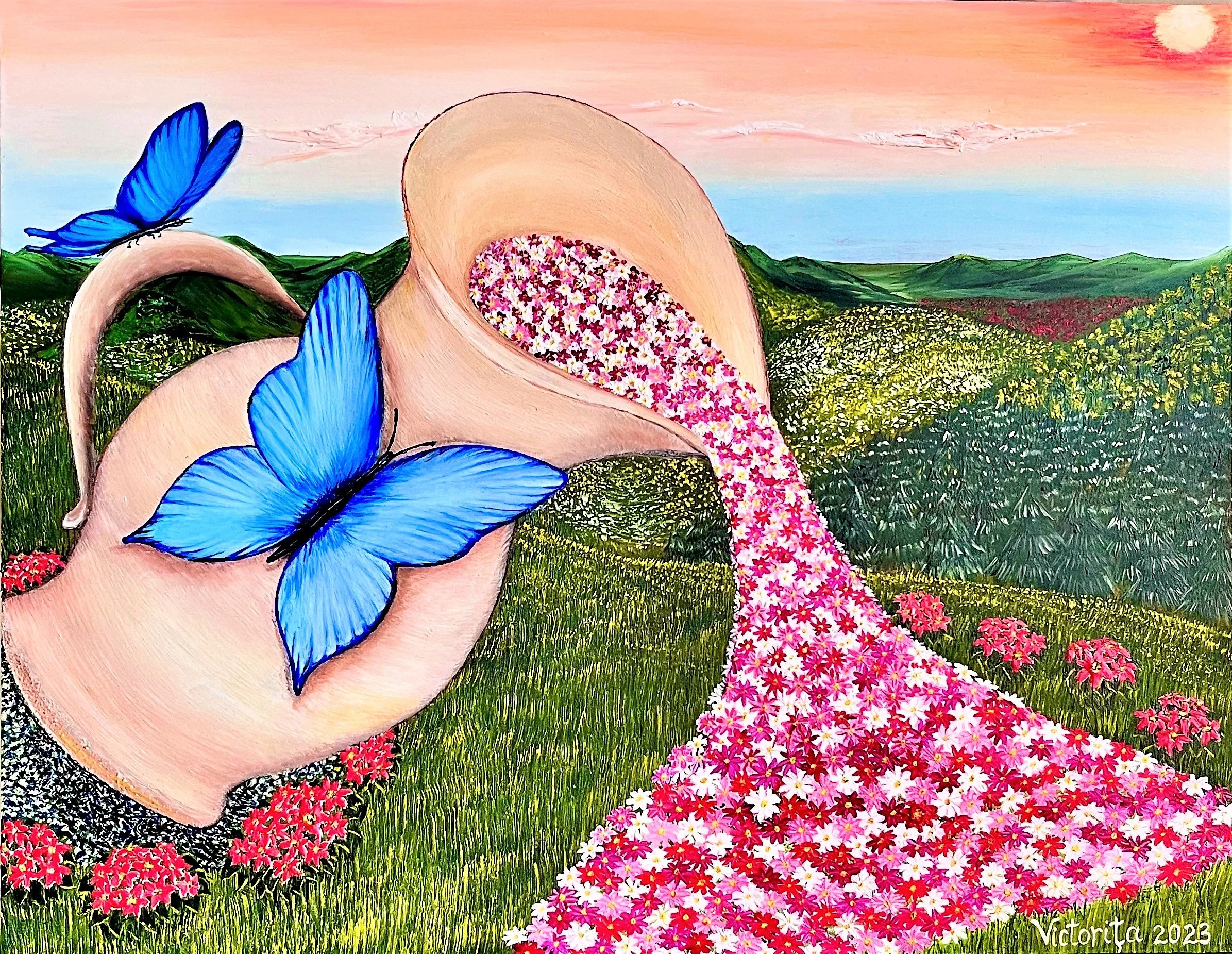 A colorful painting of a landscape with rolling green hills, pink and white flowers, a pink sky at sunset, with a large pink teacup spilling pink, white, and purple flowers onto the ground. Two blue butterflies are perched on the teacup.