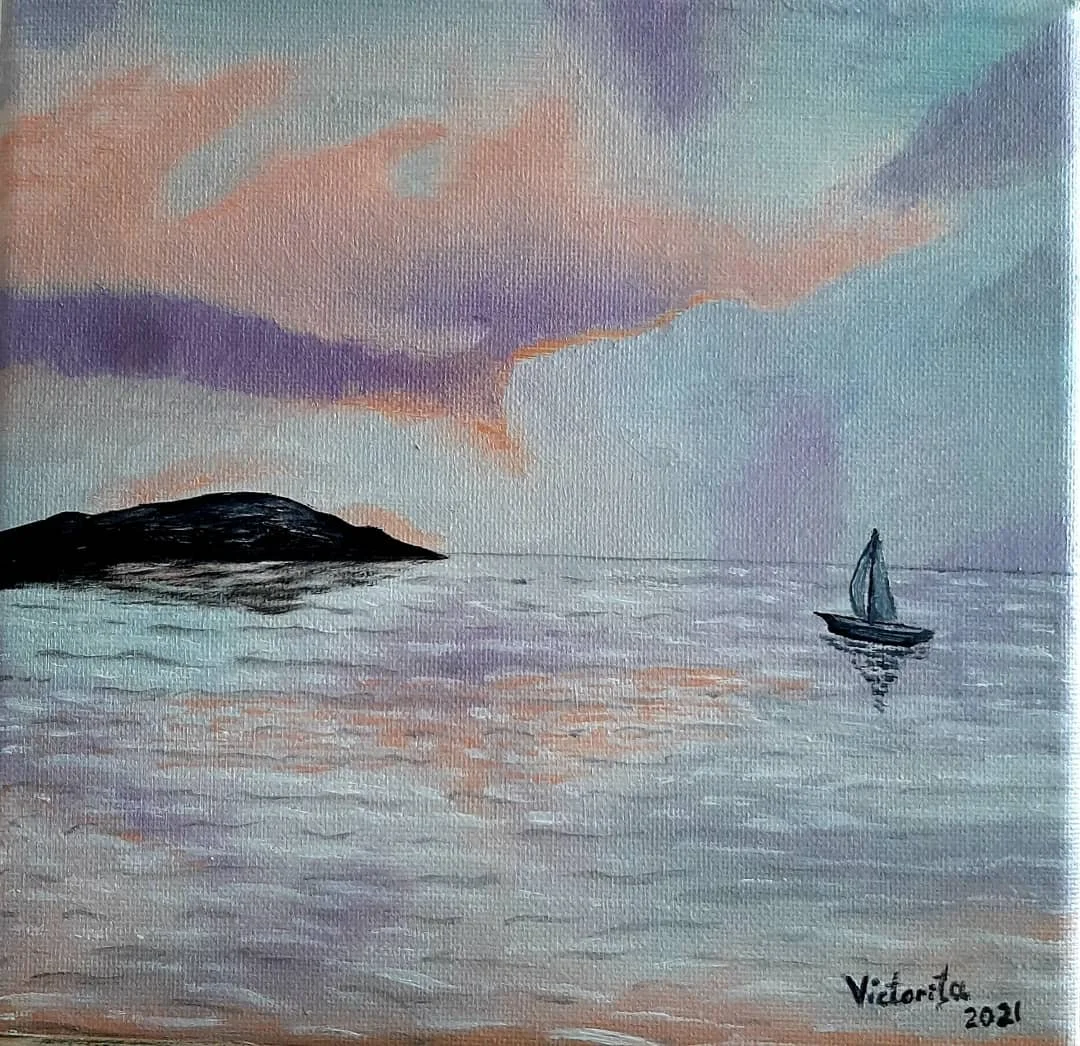 Sailing on a calm sea, oil on canvas 9x9", 2021
