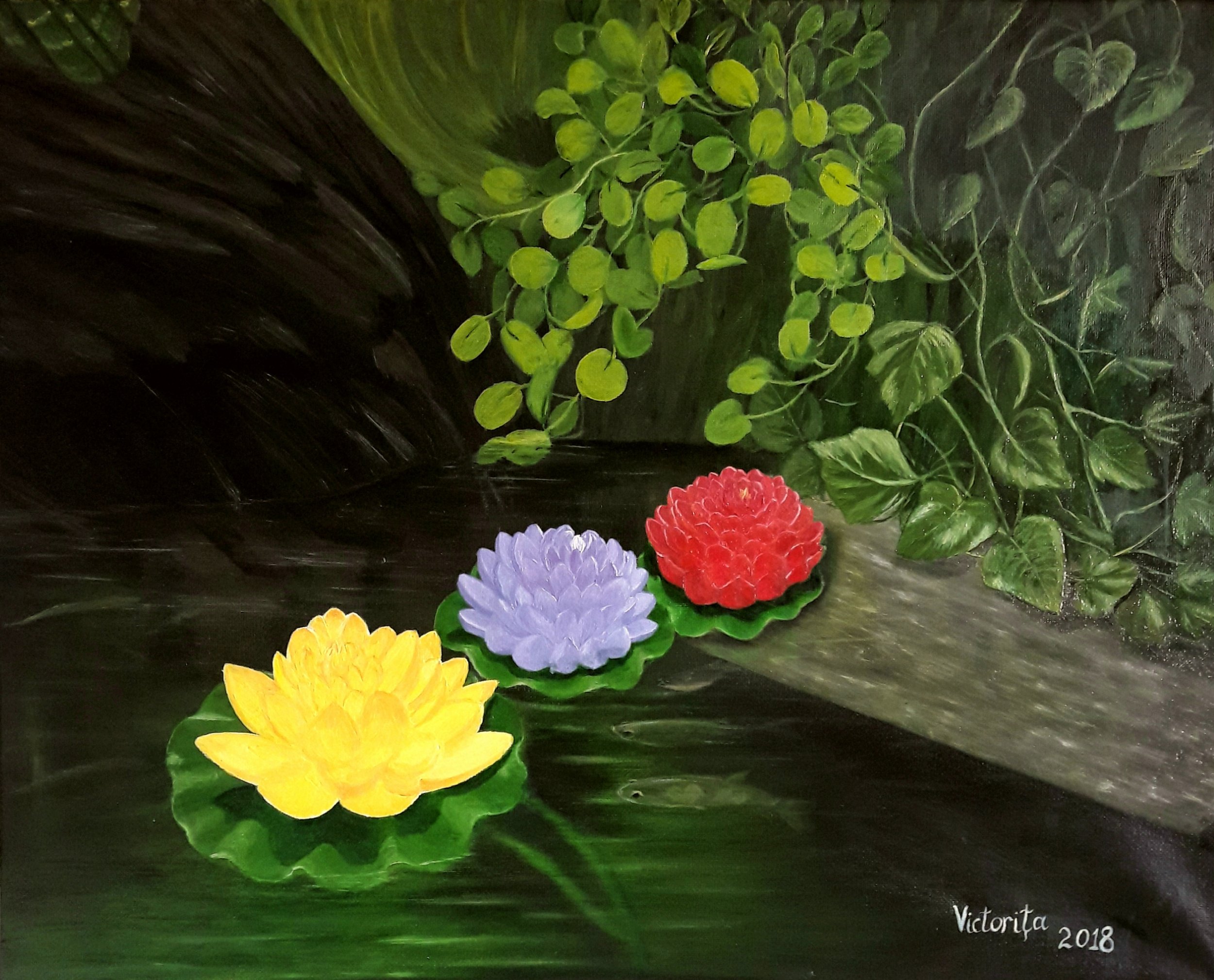 A painting of floating colorful water lilies, including yellow, purple, red, and white, set against a dark background with green leaves and foliage. The artist's signature and date 'Victoria 2018' are in the bottom right corner.