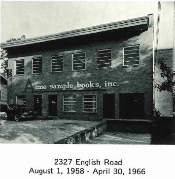 Exterior of Acme Sample Books, Inc. building with signage, located at 2327 English Road, operational dates August 1, 1958, to April 30, 1966.