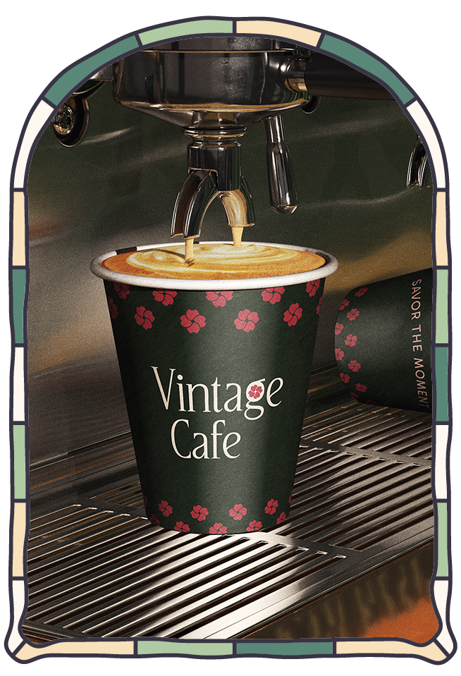 Vintage Cafe takeaway hot cups with espresso machine