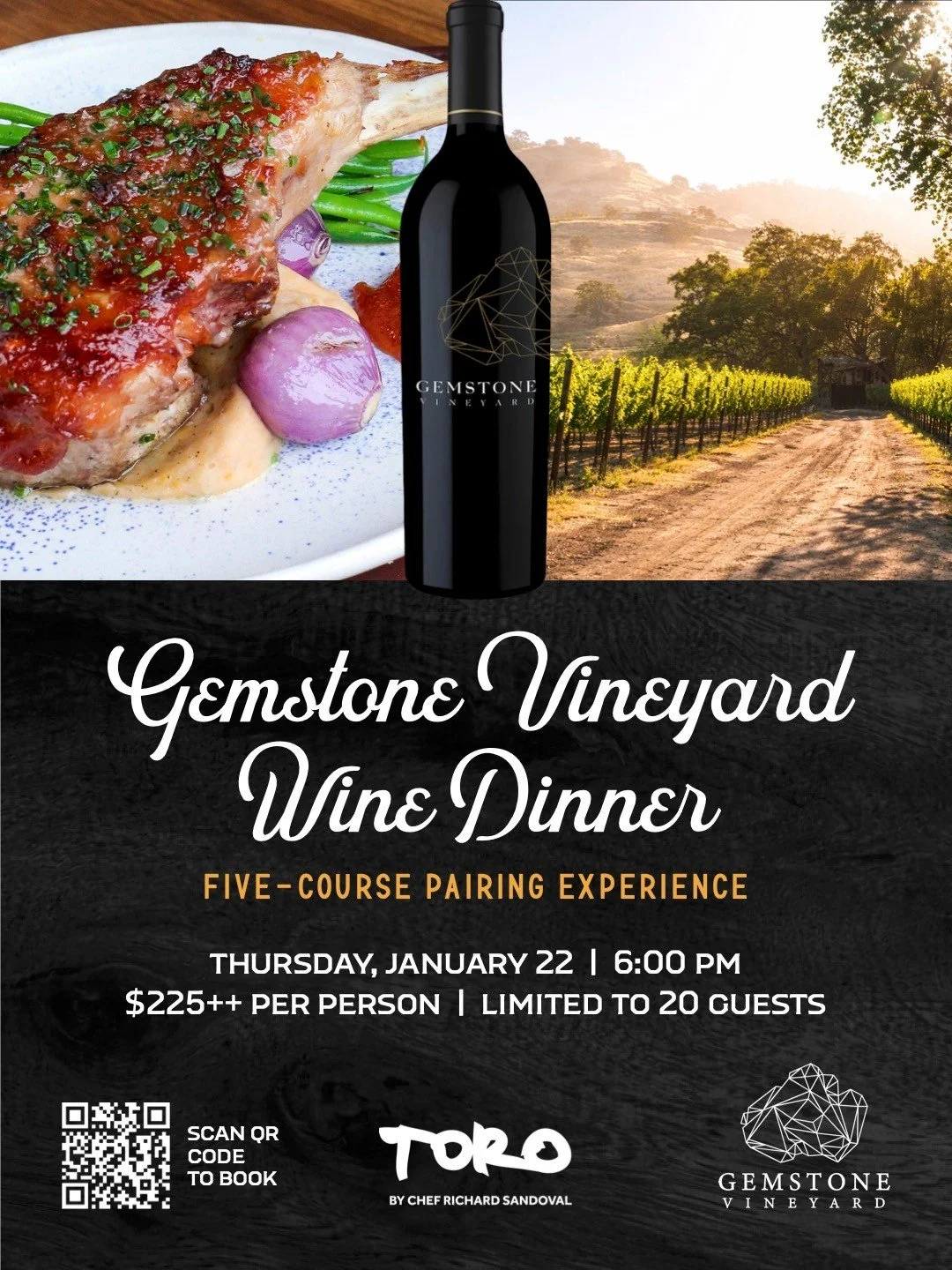Experience a 5-course Gemstone Vineyard Wine Dinner where each dish celebrates bold, vibrant flavors with globally inspired touches. From the delicate richness of lobster to the earthy elegance of winter squash and truffle, each course is thoughtfull