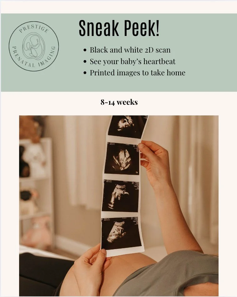 Can&rsquo;t wait to meet your baby? Neither can we! 

With our Sneak Peek Ultrasound, you can see your little one as early as 10 weeks! 💕
Here&rsquo;s what&rsquo;s included:
🖤 2D (black &amp; white) ultrasound images
💓 See your baby&rsquo;s heartb