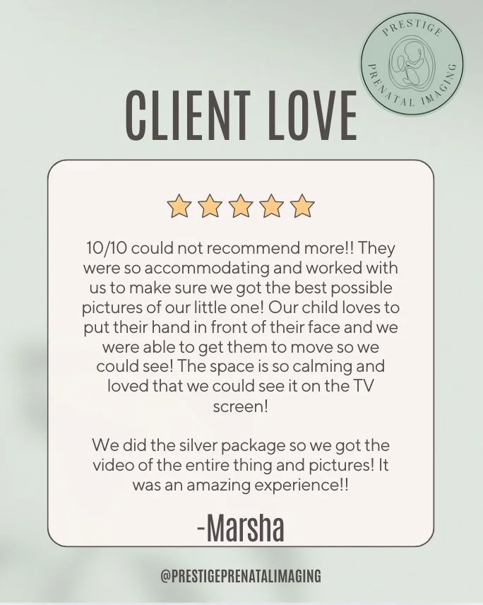🌟 Testimonial Tuesday 🌟

We absolutely love hearing about your positive experiences with us here at Prestige Prenatal Imaging! 💕 Every kind word reminds us why we do what we do &mdash; to create cozy, memorable moments for families as they see the
