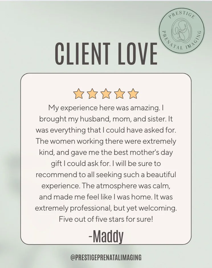 🌟 Testimonial Tuesday! 🌟

We absolutely love hearing your feedback &mdash; it helps us grow and helps other mamas-to-be discover Prestige Prenatal Imaging 💕

If we&rsquo;ve made your experience special, we&rsquo;d be so grateful if you shared your