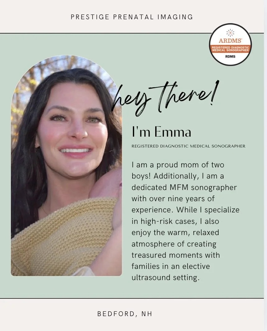 ✨ Meet Emma! ✨
We&rsquo;re so excited to introduce another incredible member of the Prestige Prenatal Imaging team. Emma is a Registered Diagnostic Medical Sonographer and a proud mom of two boys. With over 9 years of experience, including a backgrou
