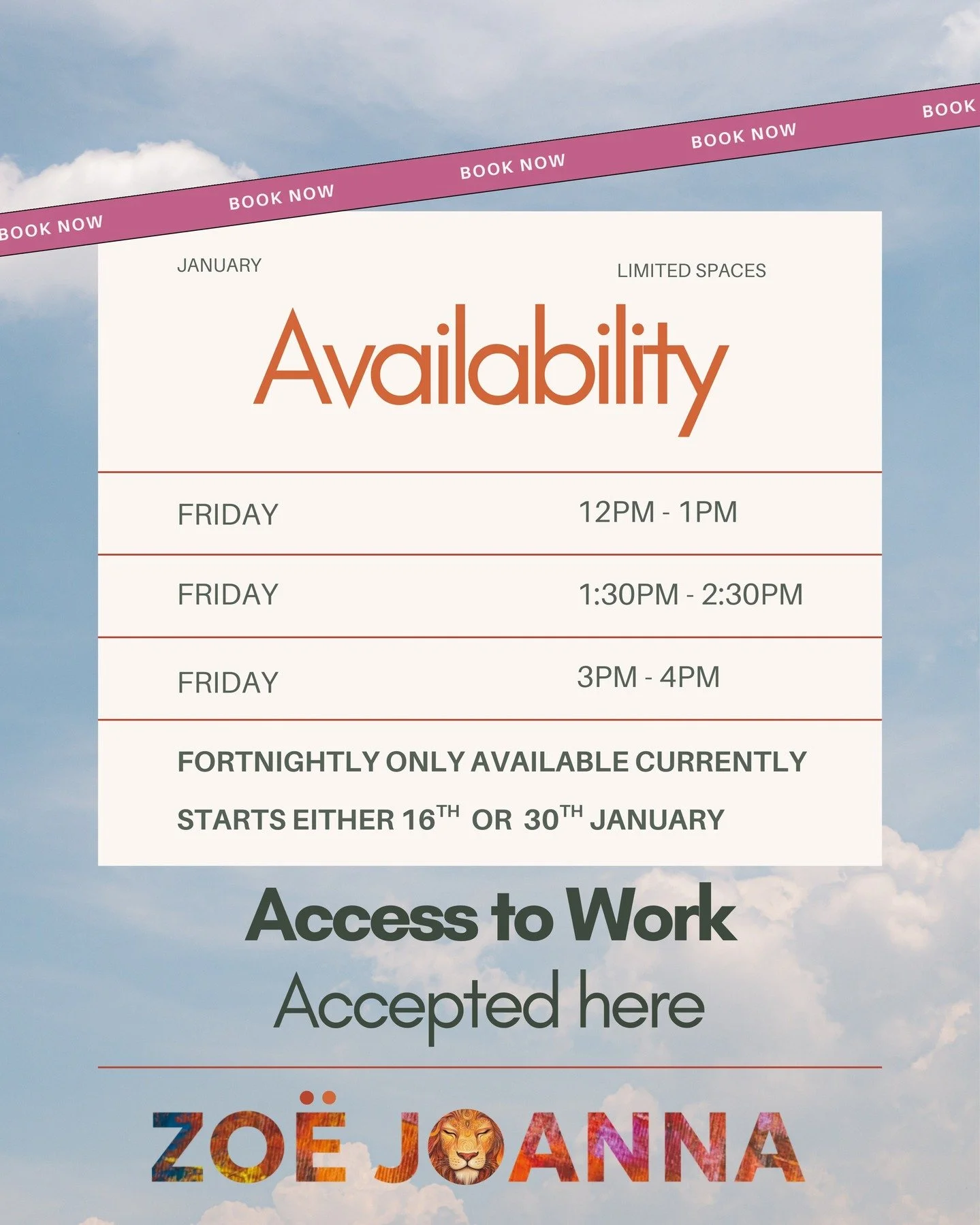 Current Availability &ndash; January 2026

I have limited availability for 3 new clients looking for a fortnightly Friday slot, starting 16th or 30th January.

These sessions are popular because Fridays can be a powerful place to pause, to unpack the