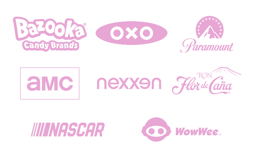 Collection of various brand logos in pink and purple colors, including Bazooka Candy Brands, OXO, Paramount, AMC, NEXXON, Ron Flor de Caña, NASCAR, WowWee, and an animated character face.