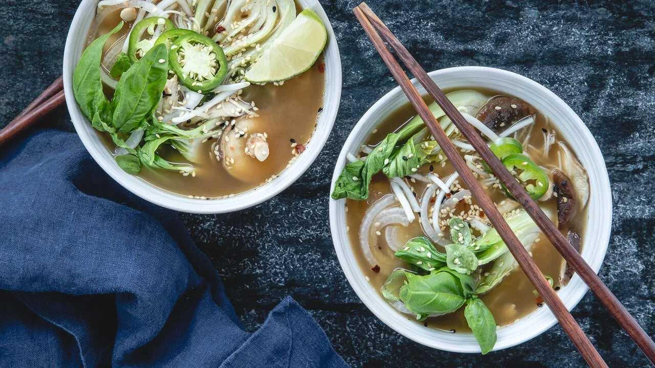 homemade fresh pho bowls with chopsticks