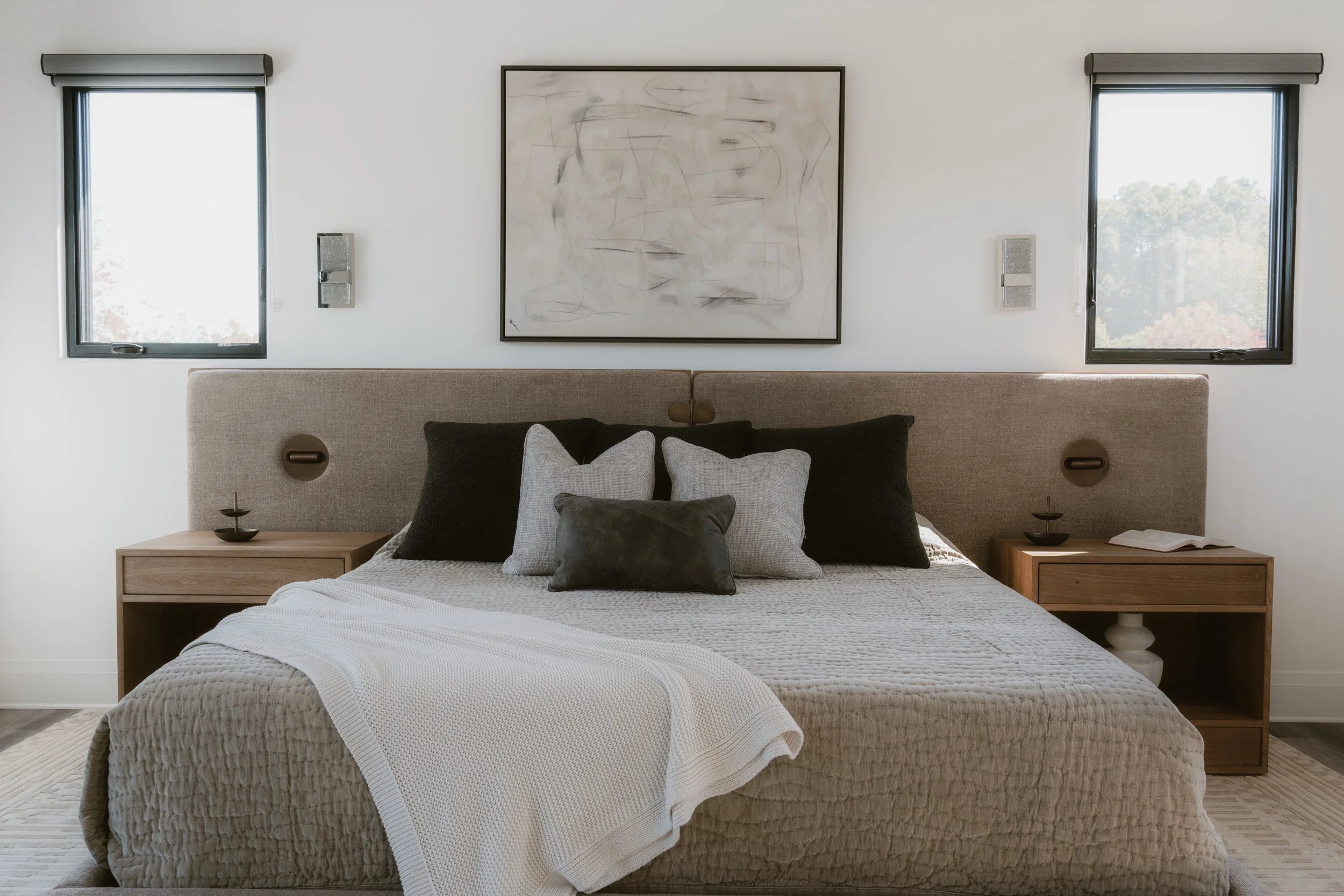 Modern bedroom in gray, tan, and neutrals