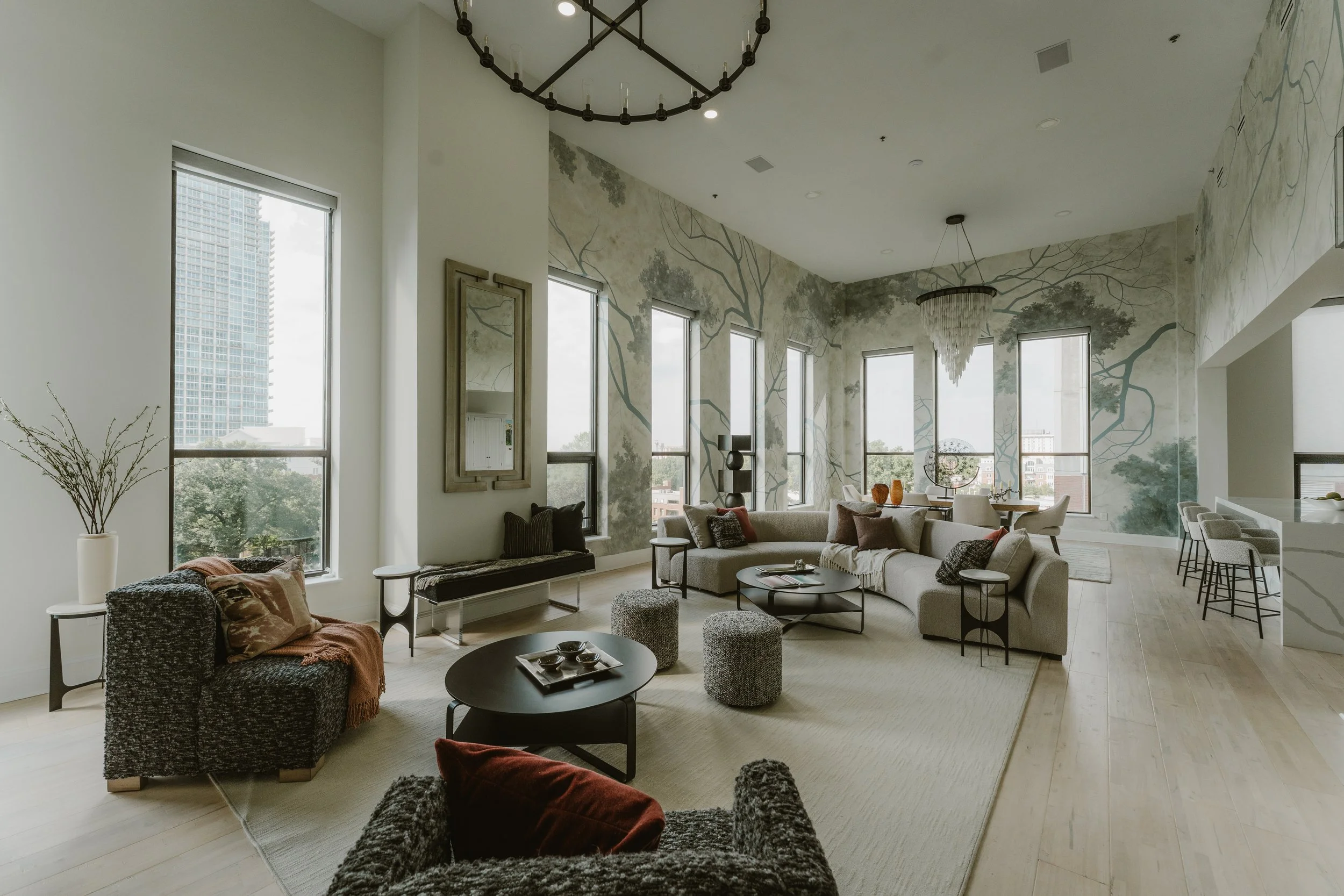 Large living space with mural