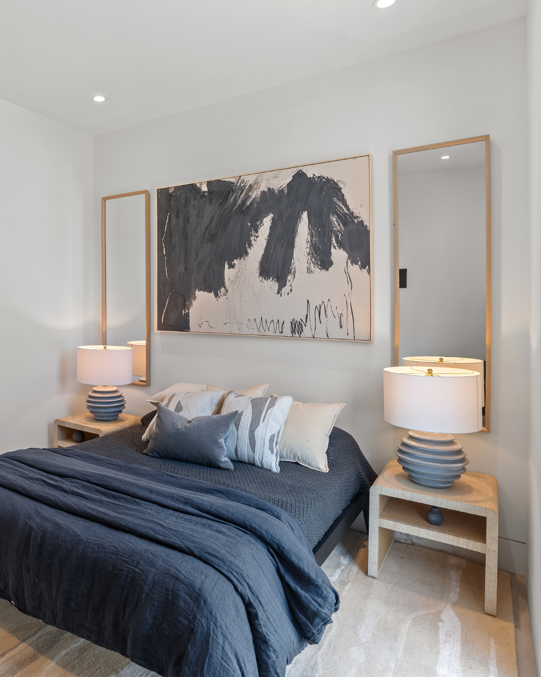 Modern bedroom in black, white, and gray