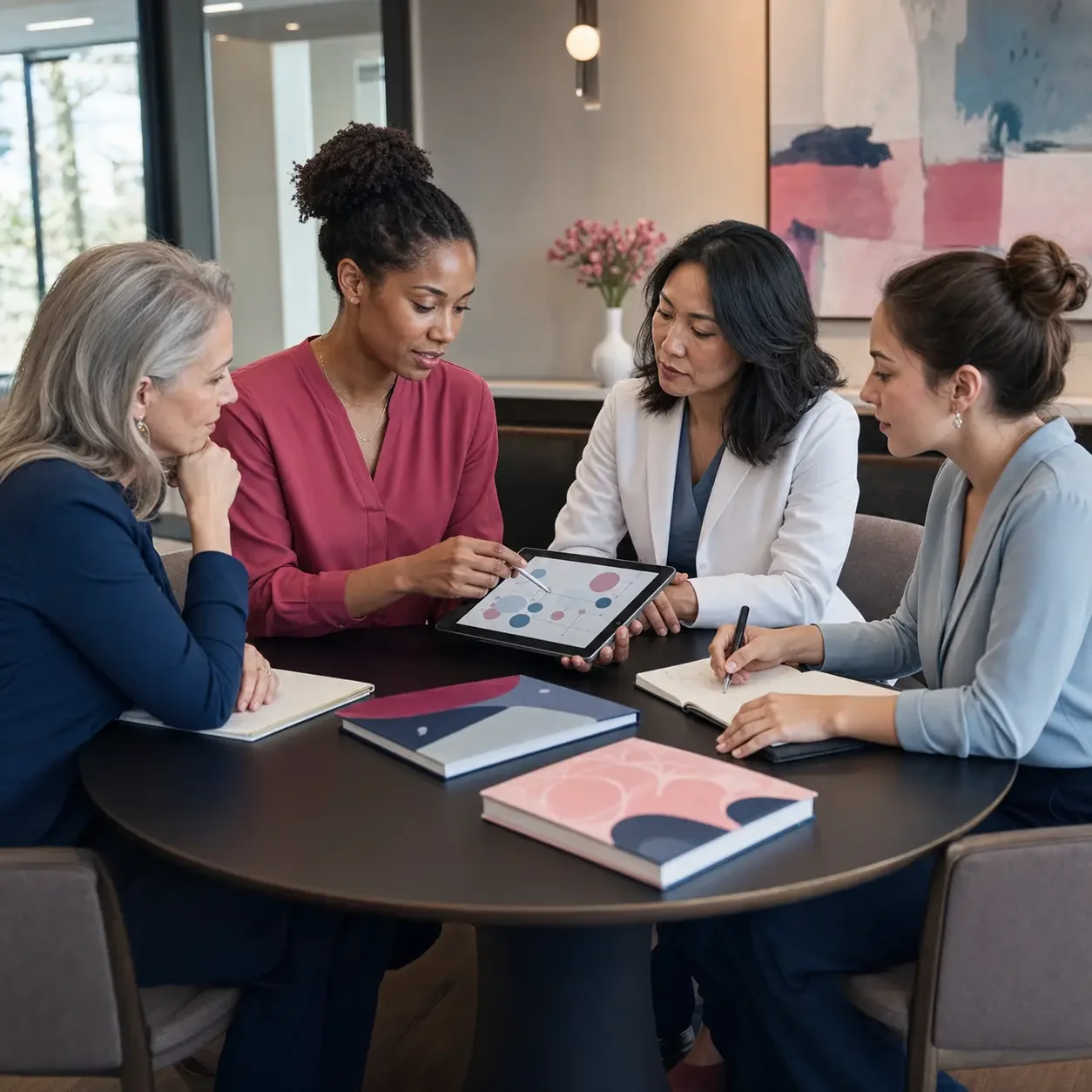 Four healthcare professionals collaborating on a complex midlife women’s health case.