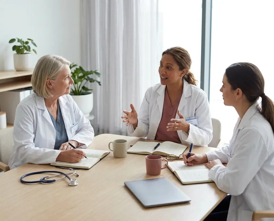 Three women physicians in white coats talking at a light wood table, two taking notes beside a stethoscope — HERmedicine free clinician education