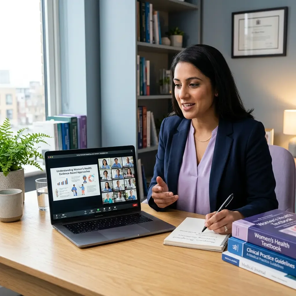 Physician participating in a live virtual women's health education webinar while reviewing evidence-based clinical resources from a modern office.