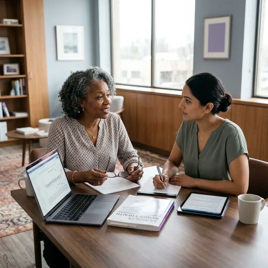 Two healthcare professionals collaborating on evidence-based women's health education while reviewing clinical resources in a modern office.