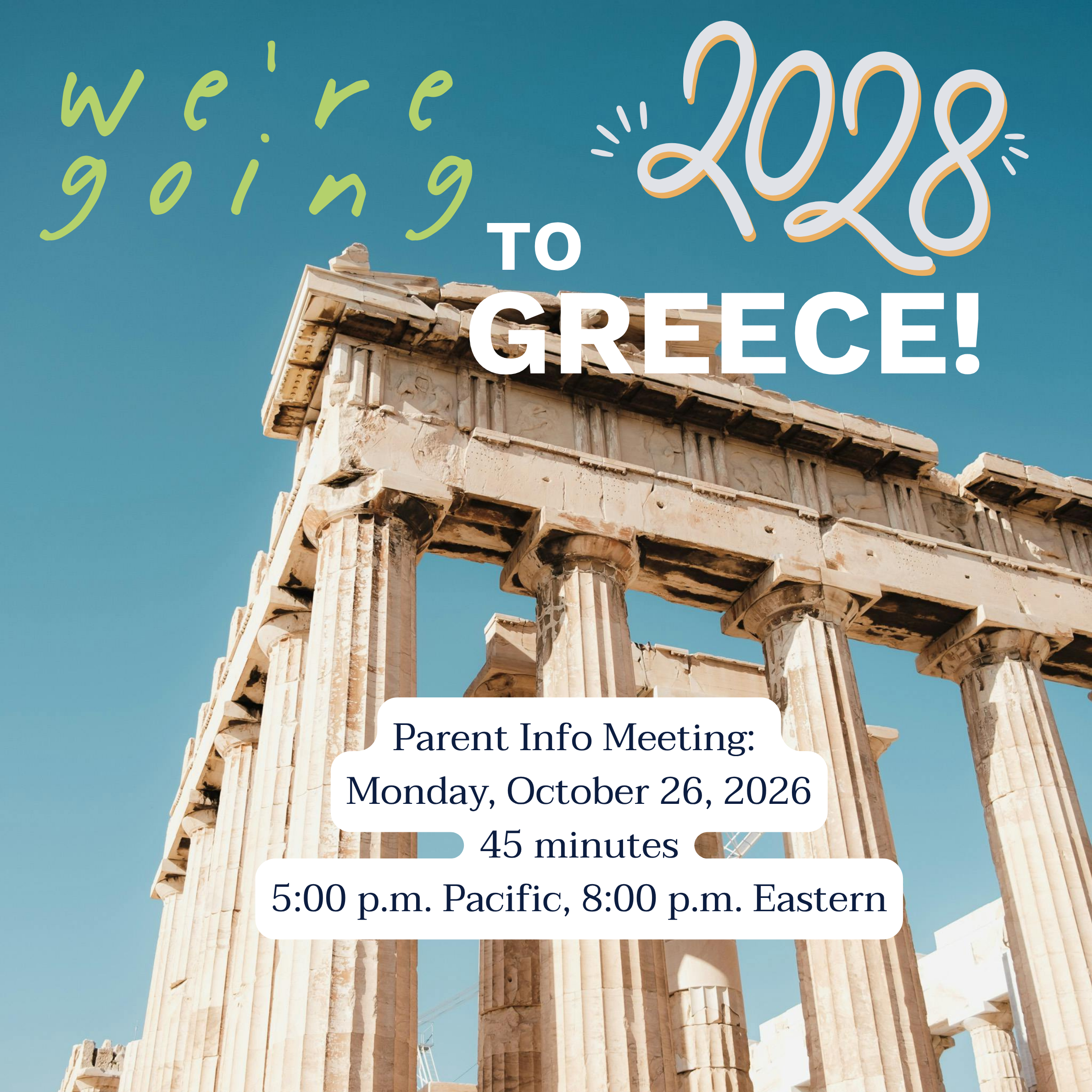 Parthenon with advertisement about parent meeting