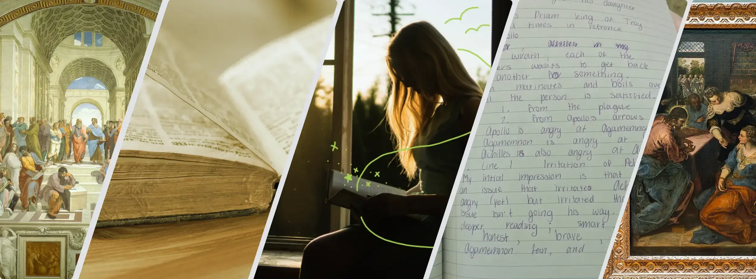 Collage of five images: a classical painting of a Renaissance classroom scene, an open ancient book, a woman reading or writing with sunlight, handwritten notes on paper, and a religious painting of a biblical scene.