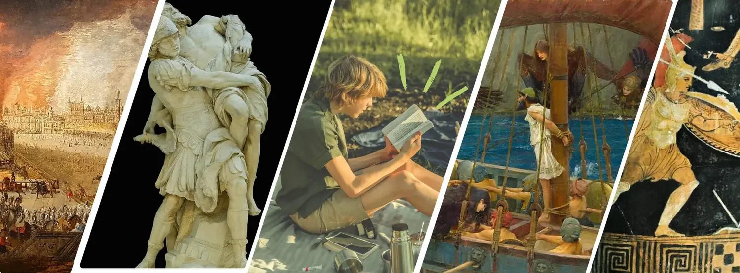 Collage of five images: a historical painting of a city and battle scene, a marble sculpture of two men, a boy reading a book outdoors, a Renaissance-style painting of people on a boat, and an ancient Greek vase depicting a warrior.