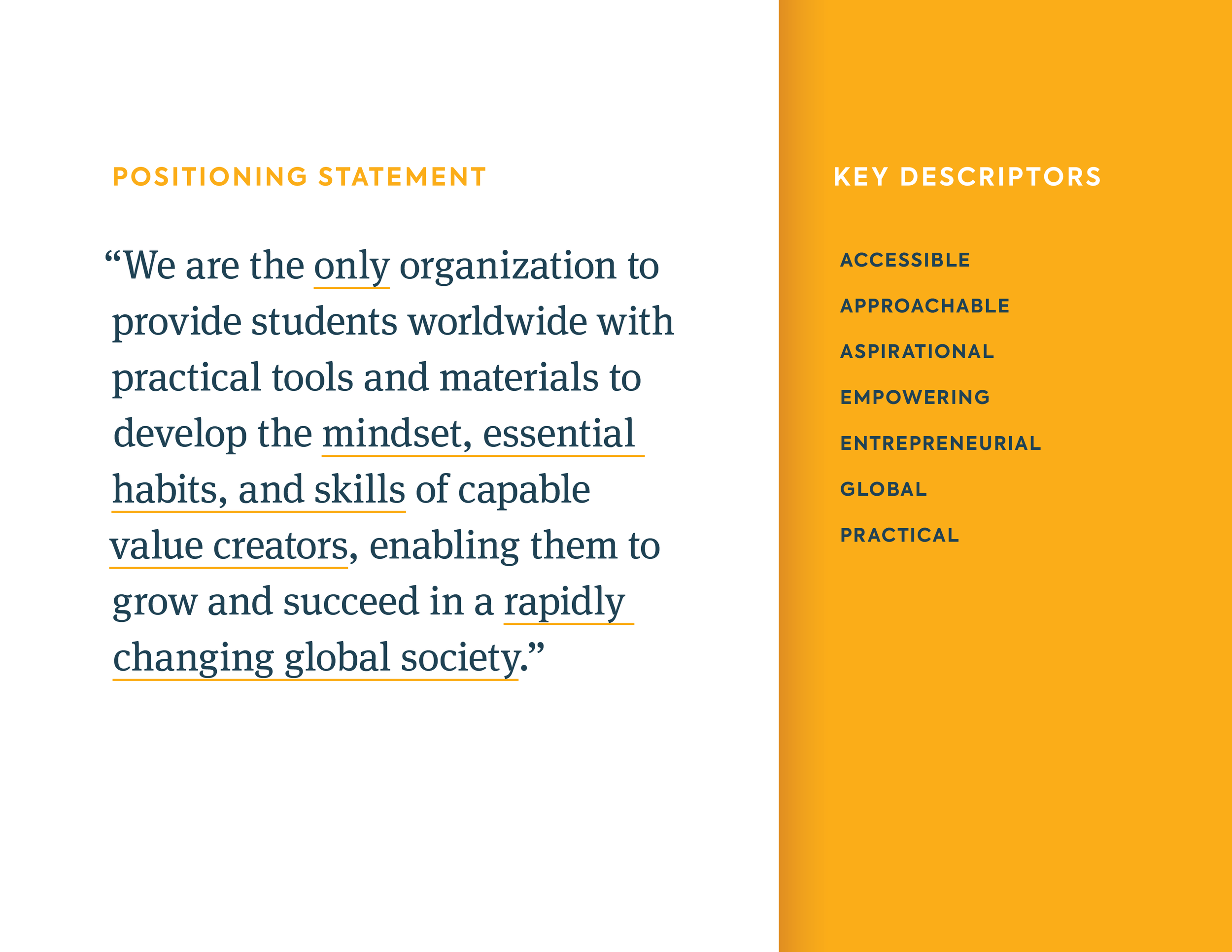 A graphic displaying the brand positioning statement for Opportunity Education and key brand descriptors