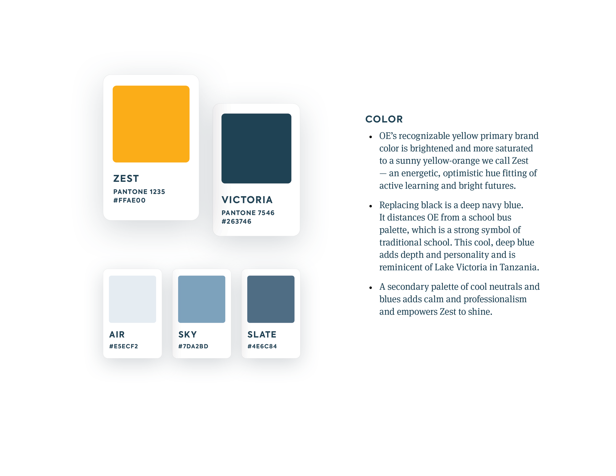 Graphics displaying Opportunity Education's new color palette, with three bullet points describing the choices behind elevating and evolving the organization's brand colors