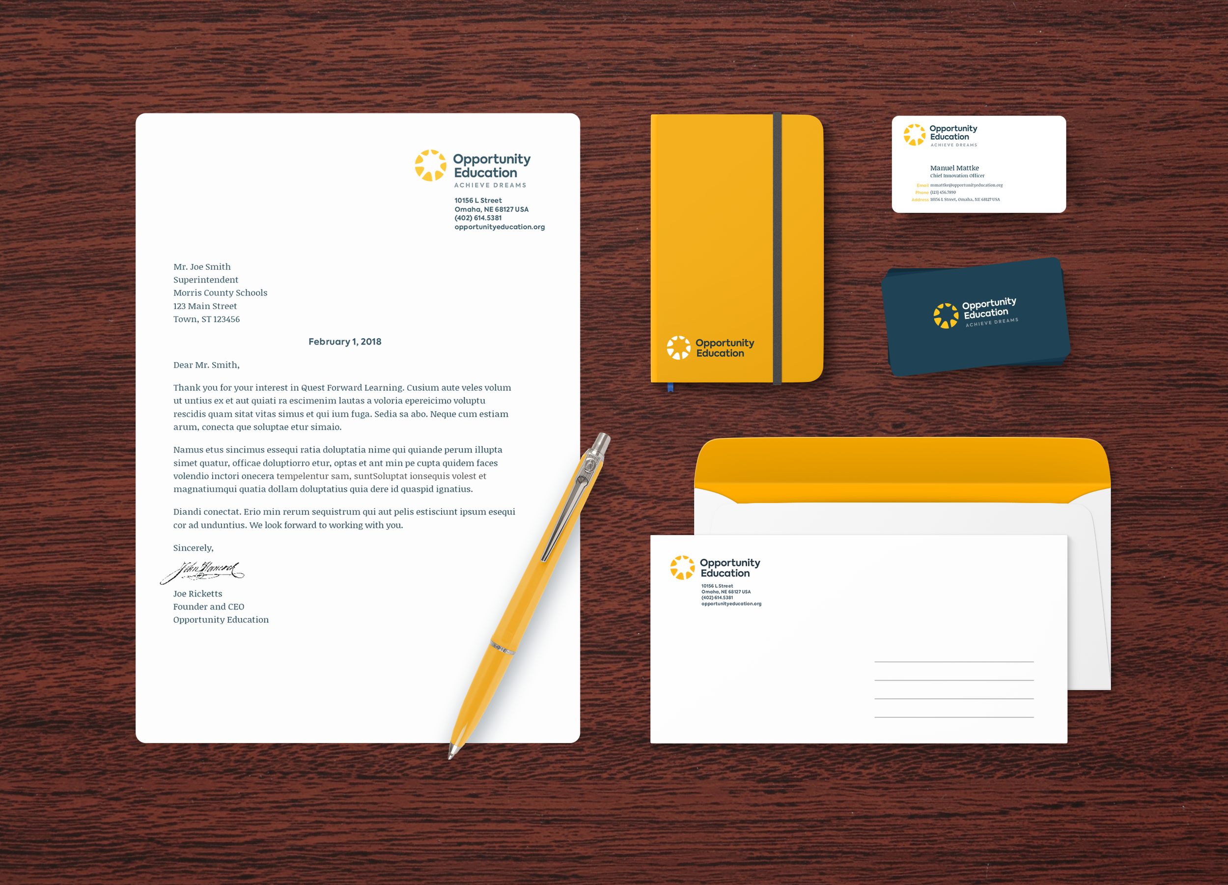 A mockup of stationery items for Opportunity Education
