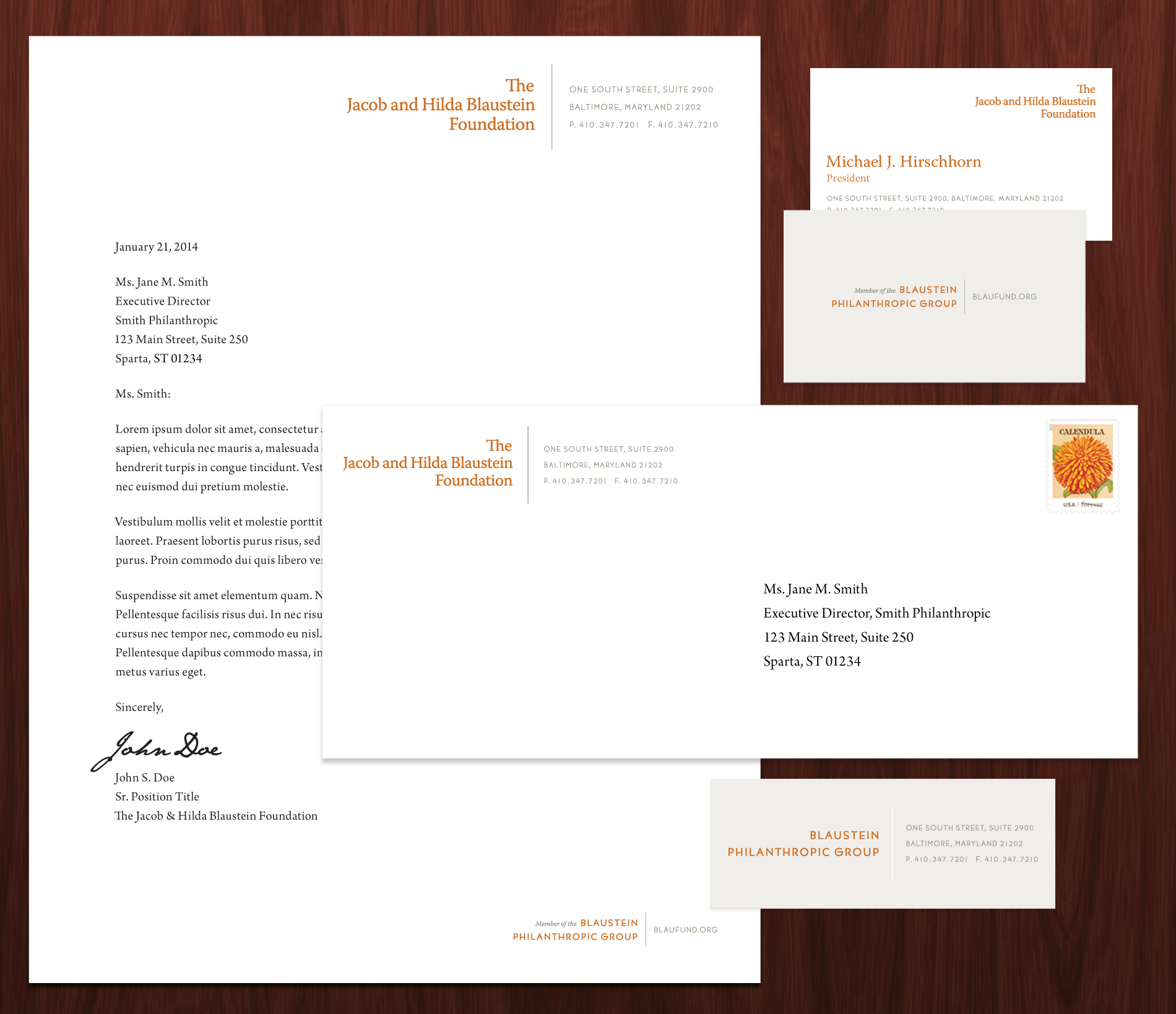 An elegant stationery design for the Blaustein Philanthropic Group designed by Jessica Vergano for TBG