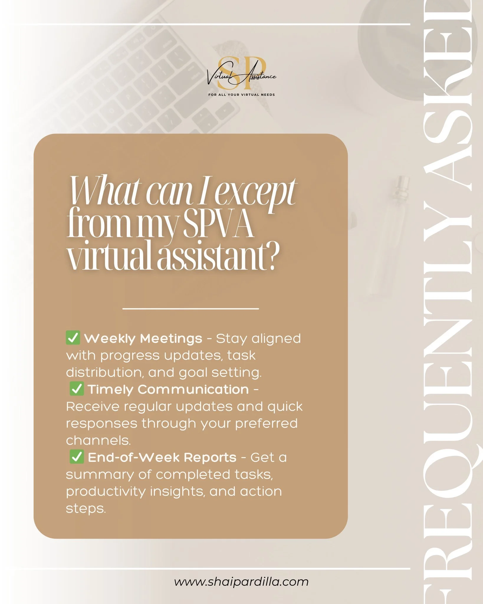 Unlock the full potential of your business with SP Virtual Assistance Services! 🌟 

When you partner with us, here's what you can expect: 
✔️ Weekly Meetings to keep progress in check 📅 
✔️ Timely Communication for quick updates and responses 📲 
✔