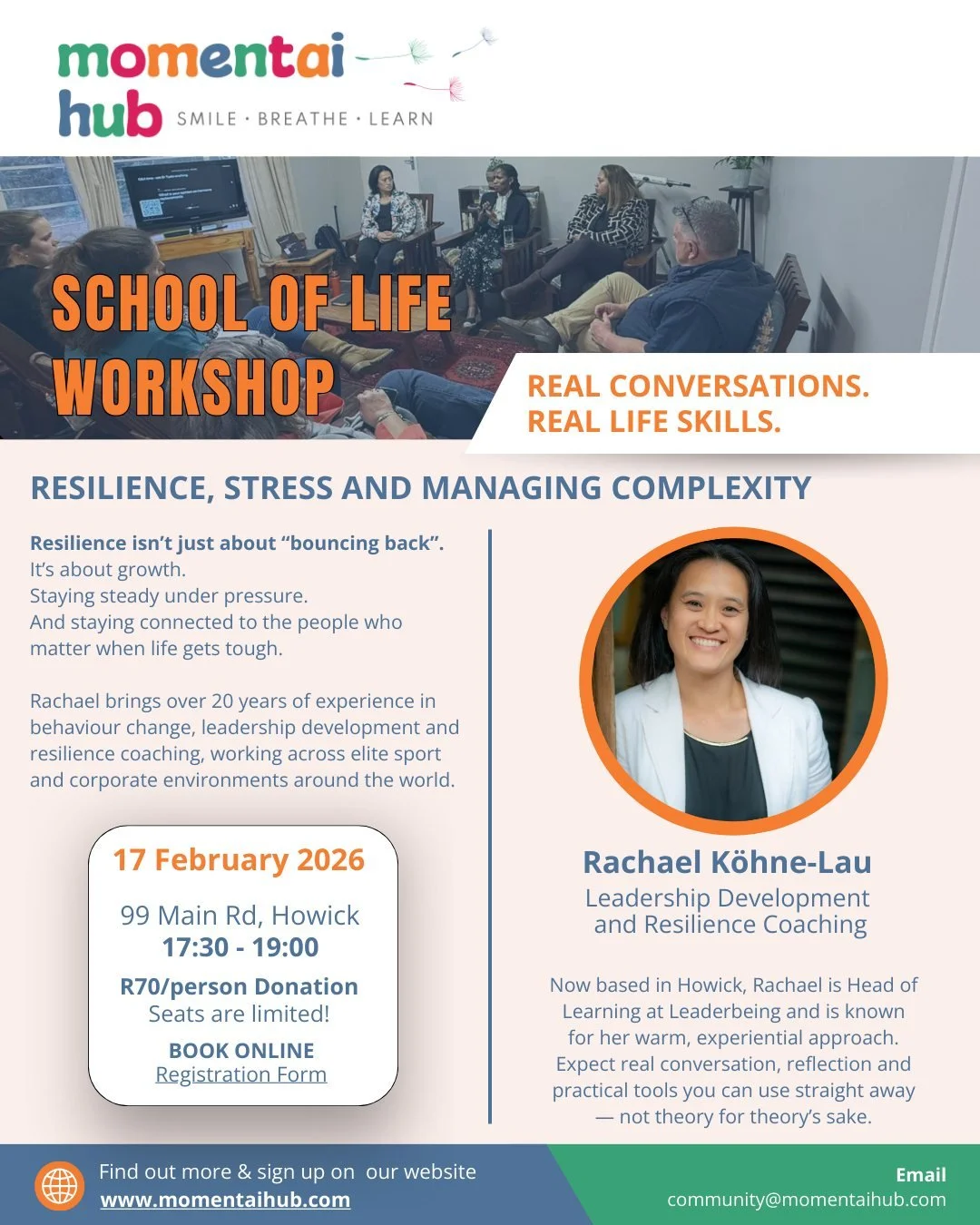 Resilience isn&rsquo;t just about &ldquo;bouncing back&rdquo;.

It&rsquo;s about growth.

Staying steady under pressure.

And staying connected to the people who matter when life gets tough.

Join us for our next Momentai School of Life workshop on T