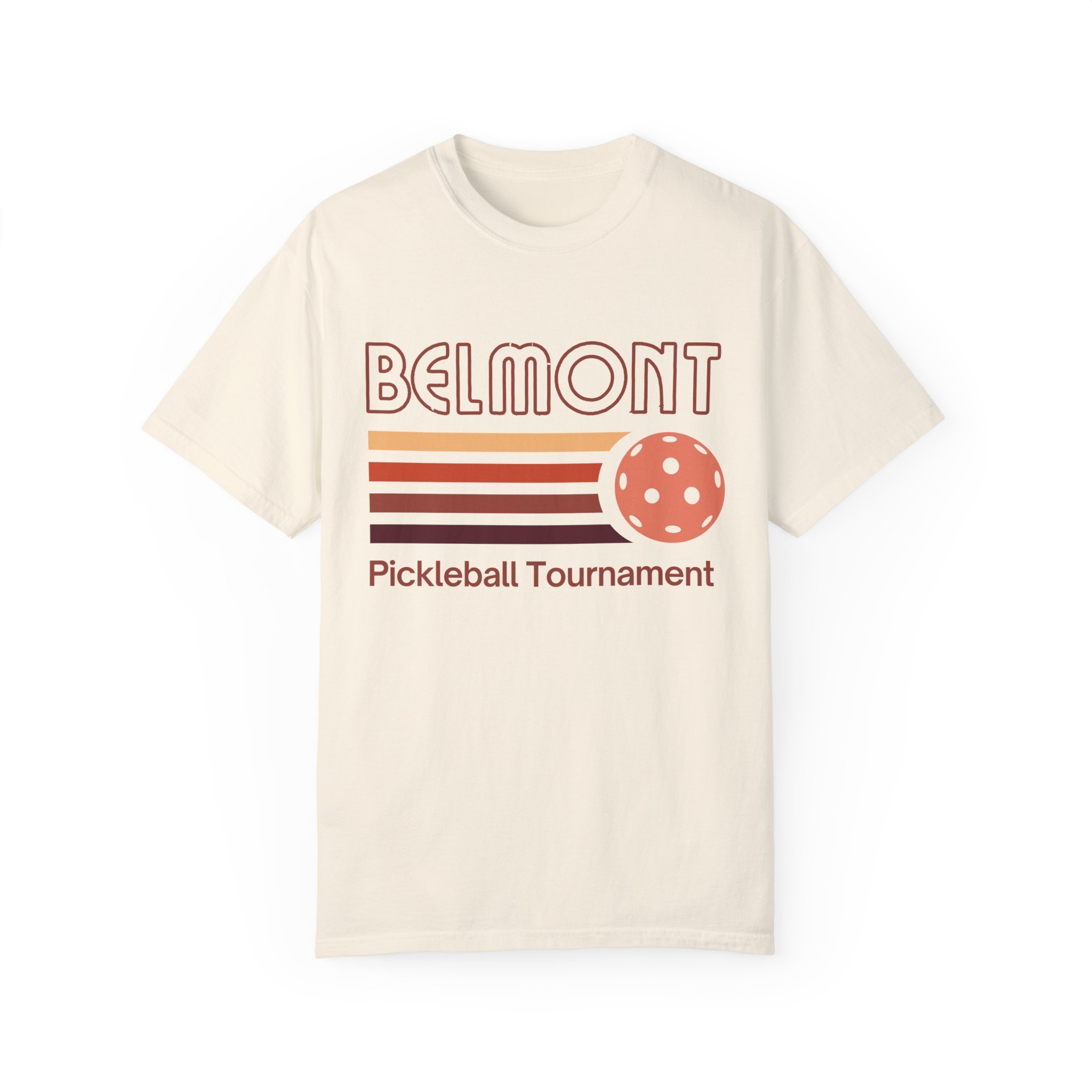 T-shirt with "Belmont Pickleball Tournament" design featuring retro stripes and a dotted pickleball graphic.