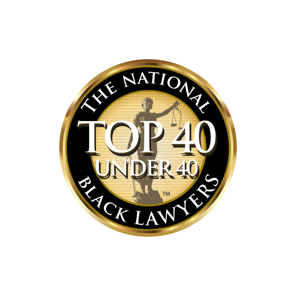 Badge with a black and gold border that reads 'The National Top 40 Under 40 Black Lawyers' with a silhouette of Lady Justice holding scales in the center.