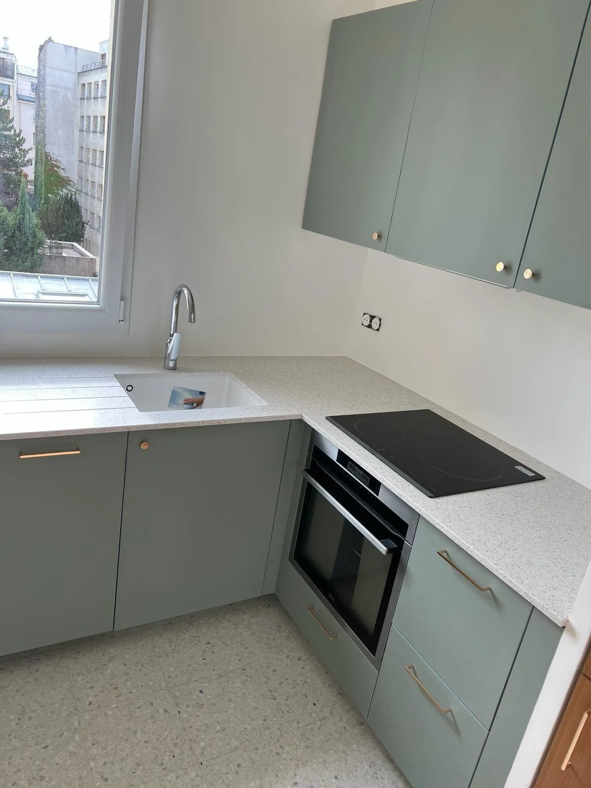 Cuisine moderne avec une fenêtre, un évier, un robinet, une cuisinière à induction et des armoires vertes