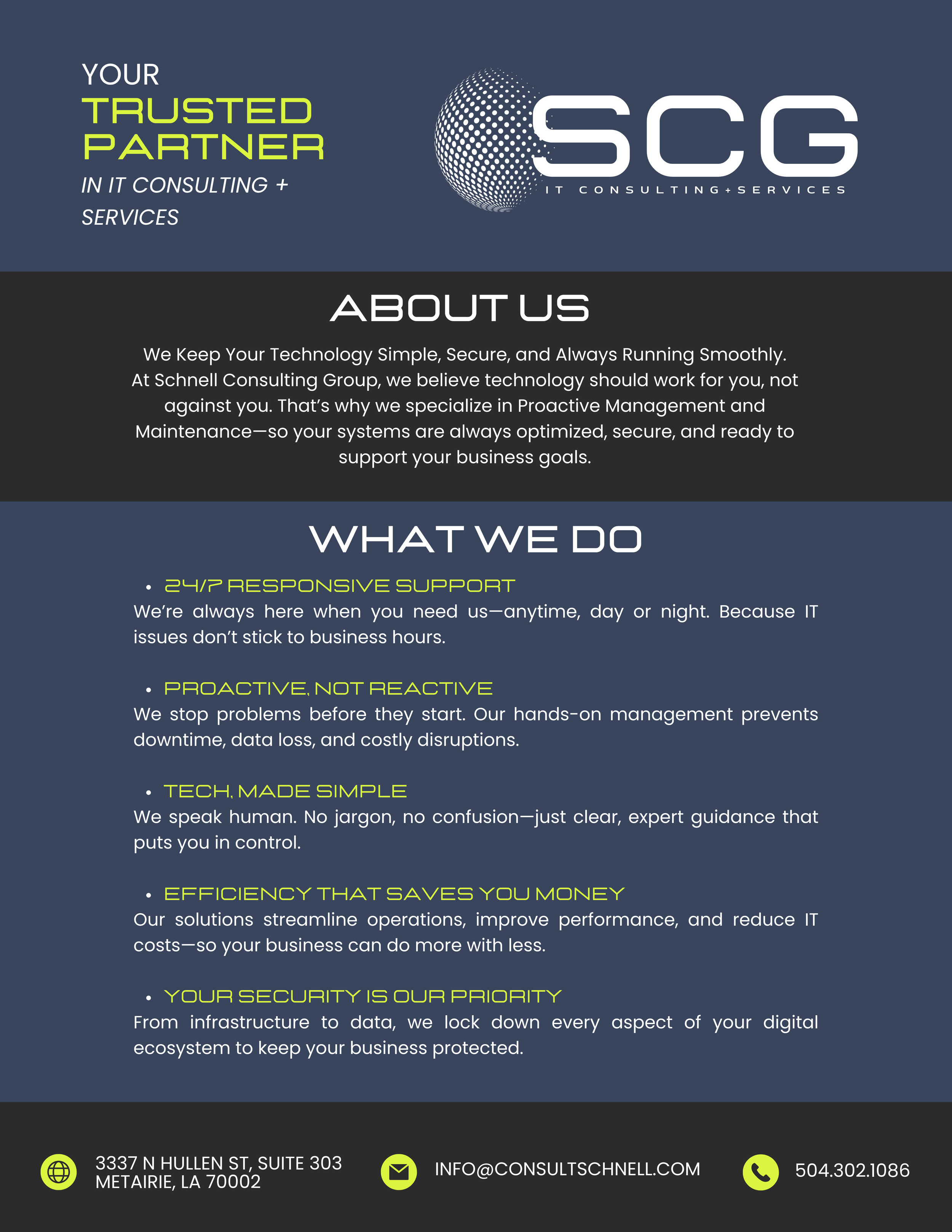 Business flyer for Schnell Consulting Group, providing IT consulting services. Includes sections about the company, support services, and contact information.