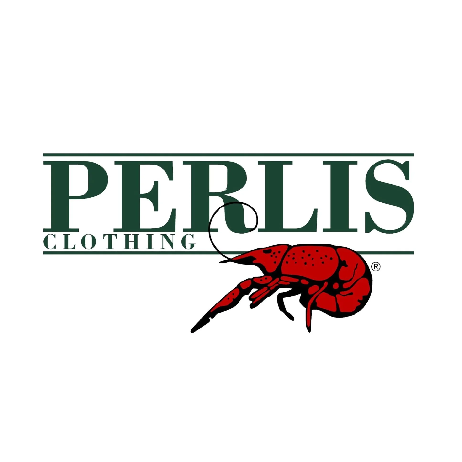 Perlis clothing logo with green text and a red shrimp illustration.
