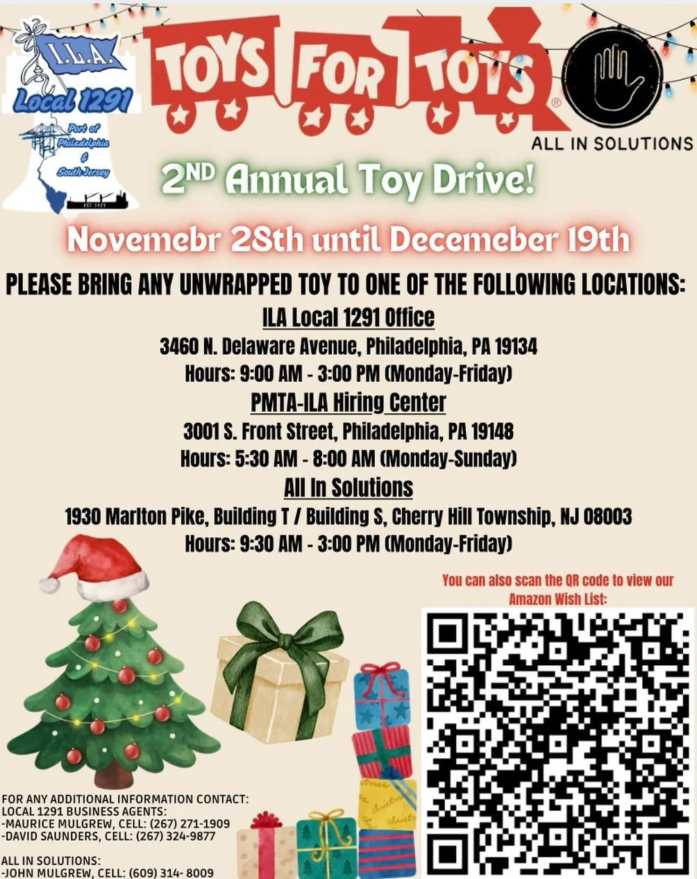 ILA Local 1291 x All In Solutions &ndash; Second Annual Toy Drive! 🎄

We&rsquo;re collecting new, unwrapped toys from Nov 28 &ndash; Dec 19 to help families in need enjoy a brighter holiday season.

Check our bio for the Amazon Wish List!

Additiona