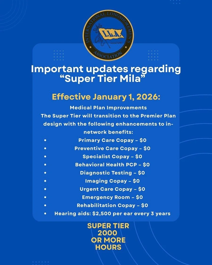 We are very excited about the new SUPER TIER! Please read the few slides above 👆 we will have more information on this new plan in the next few days! #ila #longshoremen #local1291