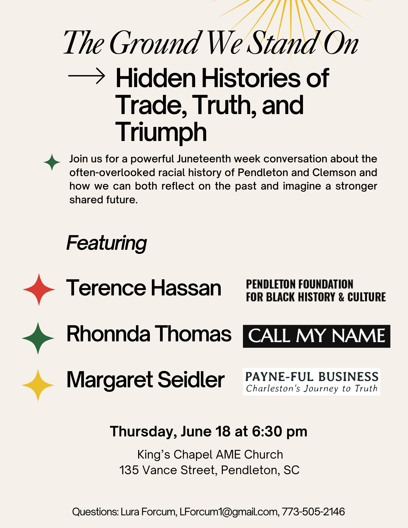 An event flyer for a discussion on Black history and culture, featuring speakers Terence Hassan, Rhondda Thomas, and Margaret Seidler, scheduled for June 18 at 6:30 pm at King's Chapel AME Church, 135 Vance Street, Pendleton, SC.