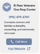 El Paso Veterans One Stop Center digital advertisement with phone number and website, encouraging veterans and families to connect for support.