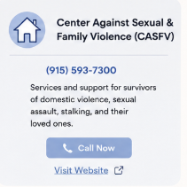 Logo and contact information for Center Against Sexual & Family Violence, including phone number, services, and visit website button.