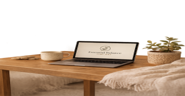 A wooden table with a laptop, a bowl, a plant, and a blanket.