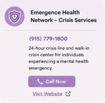 Emergence Health Network Crisis Services contact information with phone number and call-to-action button.