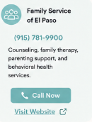 Advertisement for Family Service of El Paso offering counseling, family therapy, parenting support, and behavioral health services, with a call now button and a phone number (915) 781-9900.
