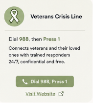 Veters Crisis Line advertisement with a green ribbon icon, providing a phone number and instructions to press 1, for veterans and loved ones.